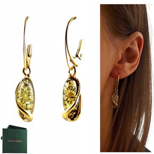 KOLCZYKI ZŁOTE z CERTYFIKOWANYM Bursztynem WISZĄCE PIĘKNE SREBRO POZŁACANE