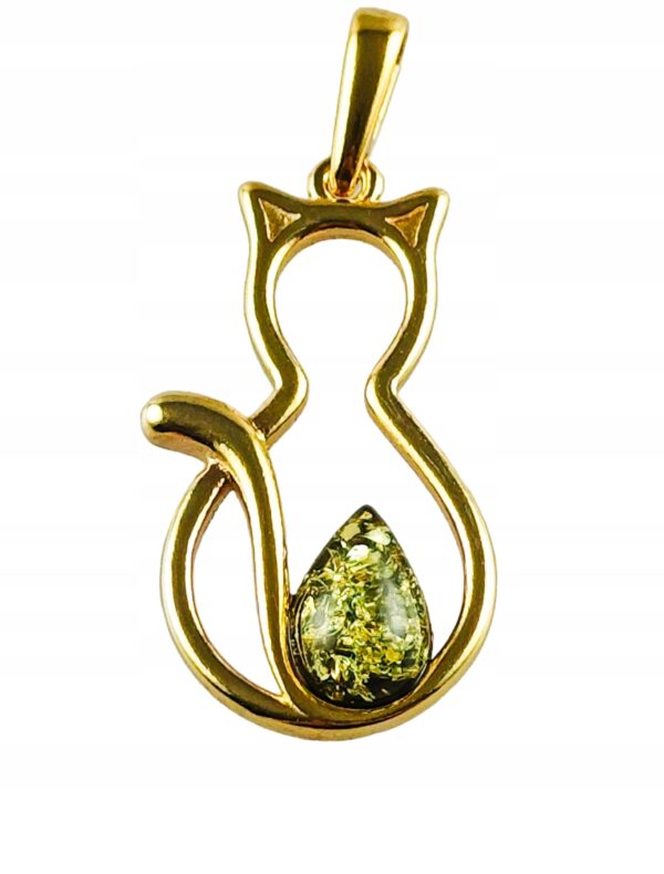 Wisiorek KOT POZŁACANY srebro delikatny z bursztynem bałtyckim 925