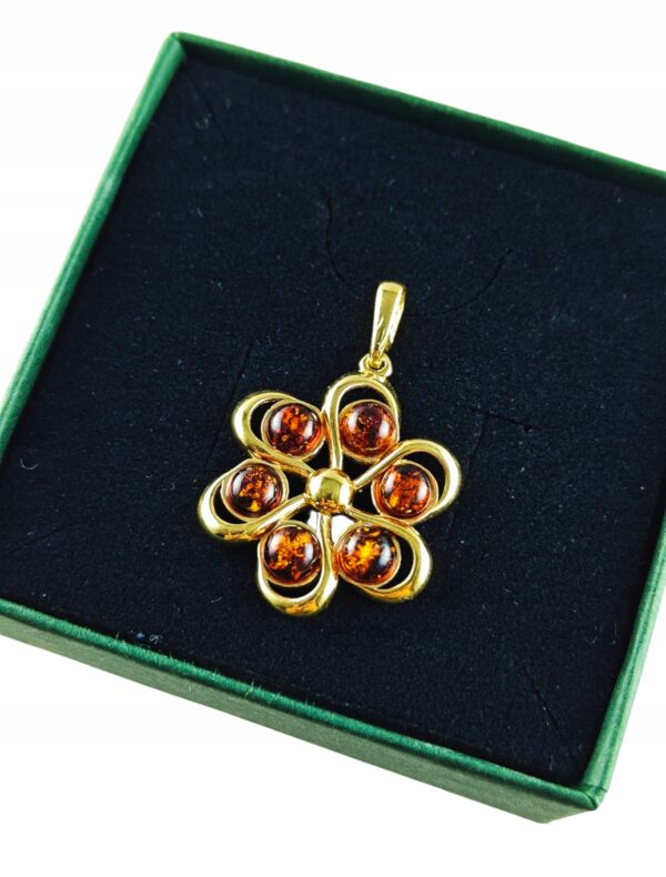 Pozłacany duży Wisiorek z Bursztynem Bałtyckim Srebro Pozłacane okrągły 925