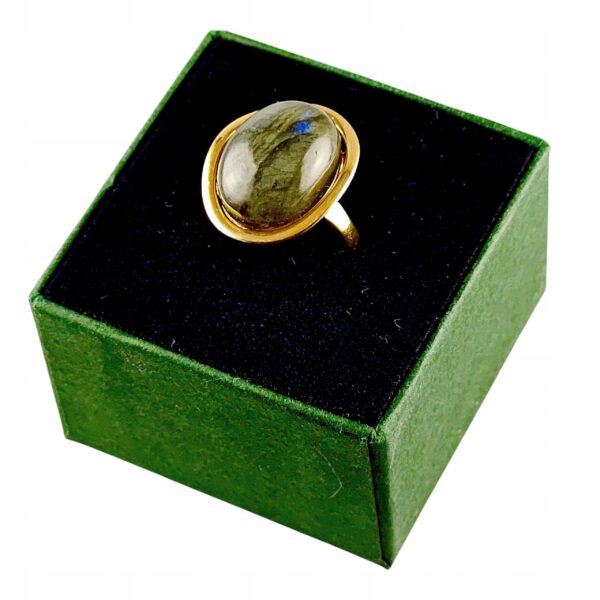 Pierścionek złoty regulowany z dużym labradorytem - Srebro pozłacane 925 - Piękny elegancki