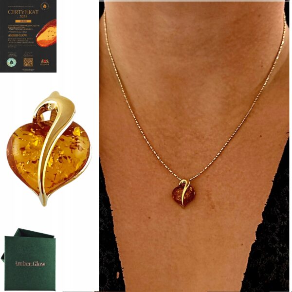 Wisiorek złoty serce serduszko z bursztynem - Srebro pozłacane 925