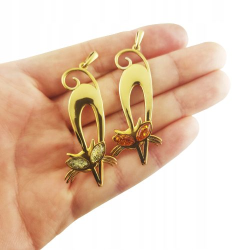 Wisiorek SREBRNY POZŁACANY KOT KOTEK delikatny z bursztynem bałtyckim AG925