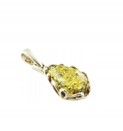 Wisiorek srebrny z zielonym bursztynem - koronkowy