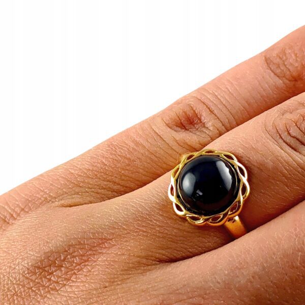 Pierścionek złoty z dużym onyksem - Srebro pozłacane 925 - Piękny delikatny