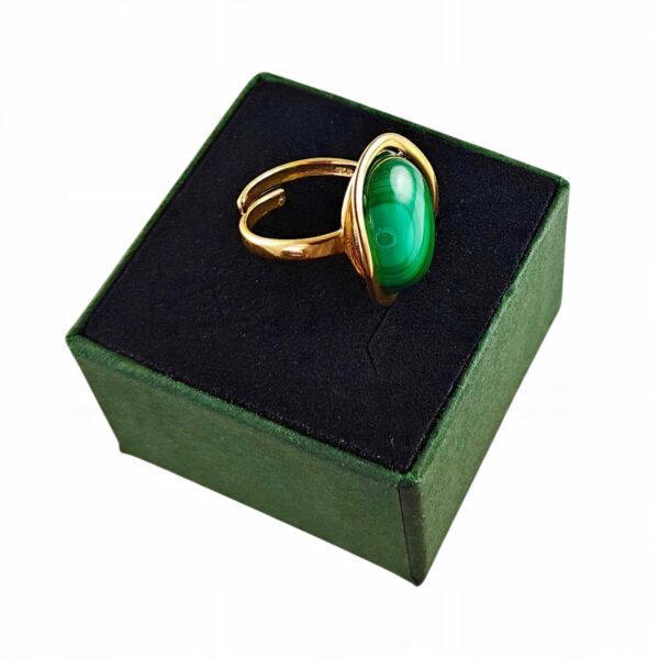 Pierścionek złoty regulowany z dużym malachitem - Srebro pozłacane 925 - Piękny elegancki