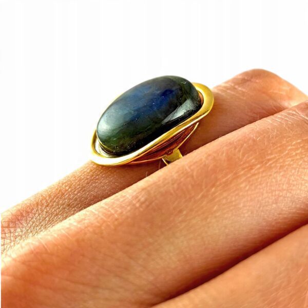 Pierścionek złoty regulowany z dużym labradorytem - Srebro pozłacane 925 - Piękny elegancki