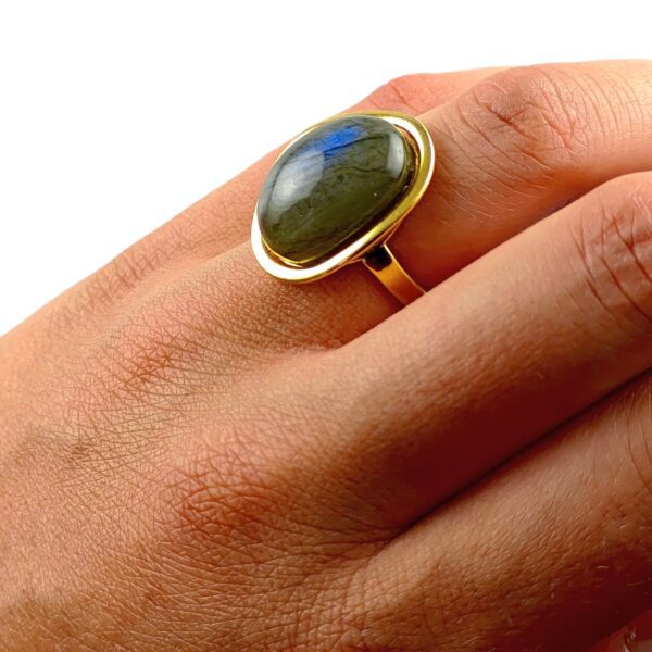 Pierścionek złoty regulowany z dużym labradorytem - Srebro pozłacane 925 - Piękny elegancki