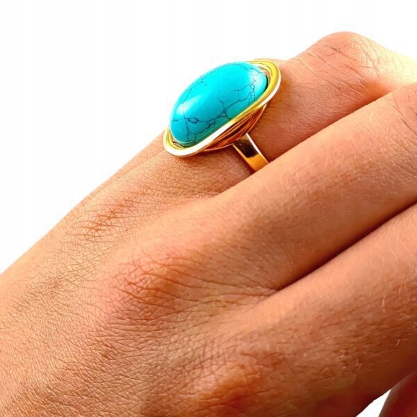 Pierścionek złoty z dużym turkusem - Srebro pozłacane 925 - Piękny elegancki