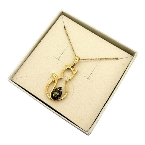 Wisiorek KOT POZŁACANY srebro delikatny z bursztynem bałtyckim 925