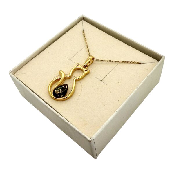 Wisiorek KOT POZŁACANY srebro delikatny z bursztynem bałtyckim 925