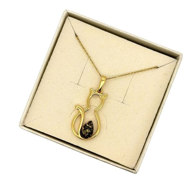 Wisiorek KOT POZŁACANY srebro delikatny z bursztynem bałtyckim 925