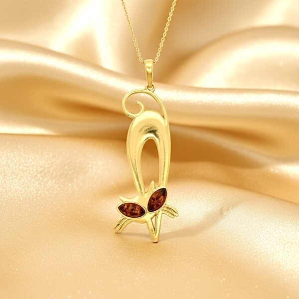 Wisiorek SREBRNY POZŁACANY KOT KOTEK delikatny z bursztynem bałtyckim AG925