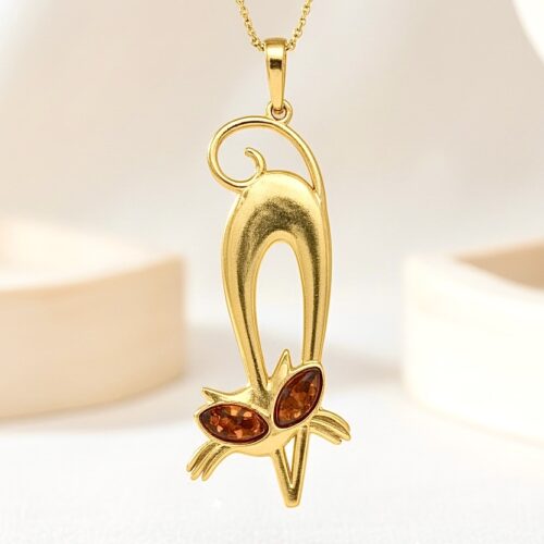 Wisiorek SREBRNY POZŁACANY KOT KOTEK delikatny z bursztynem bałtyckim AG925