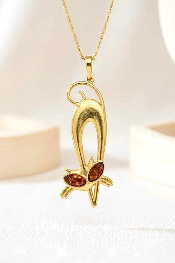 Wisiorek SREBRNY POZŁACANY KOT KOTEK delikatny z bursztynem bałtyckim AG925