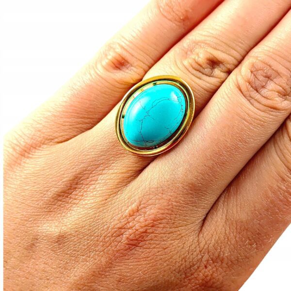 Pierścionek złoty z dużym turkusem - Srebro pozłacane 925 - Piękny elegancki