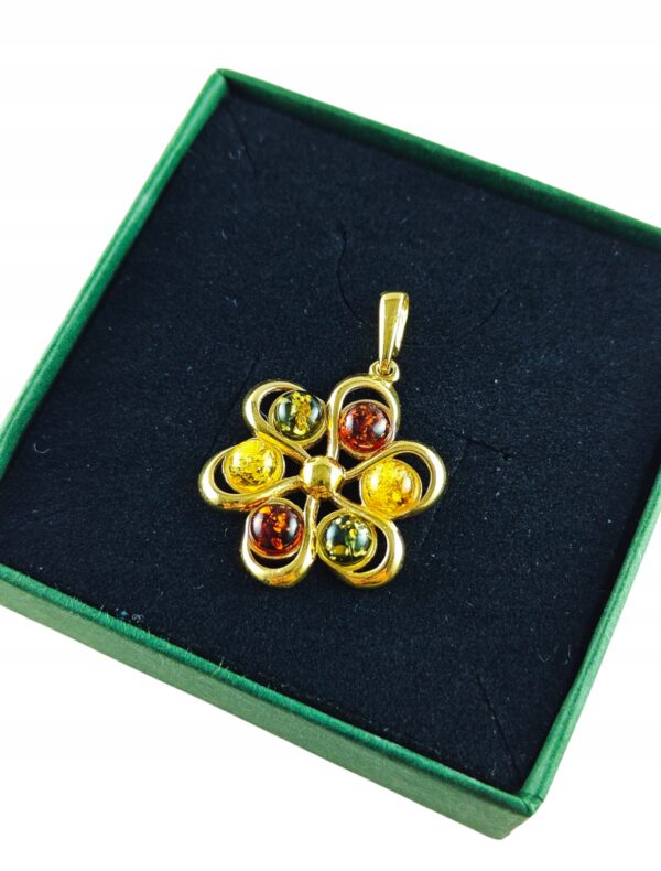 Pozłacany duży Wisiorek z Bursztynem Bałtyckim Srebro Pozłacane okrągły 925