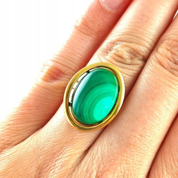 Pierścionek złoty regulowany z dużym malachitem - Srebro pozłacane 925 - Piękny elegancki