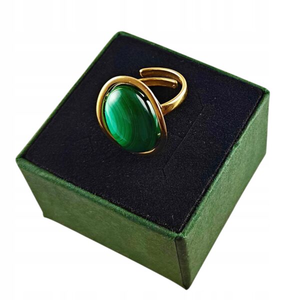 Pierścionek złoty regulowany z dużym malachitem - Srebro pozłacane 925 - Piękny elegancki