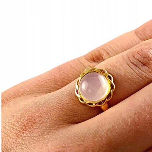 Pierścionek złoty z dużym różowym kwarcem - Srebro pozłacane 925 - Piękny delikatny