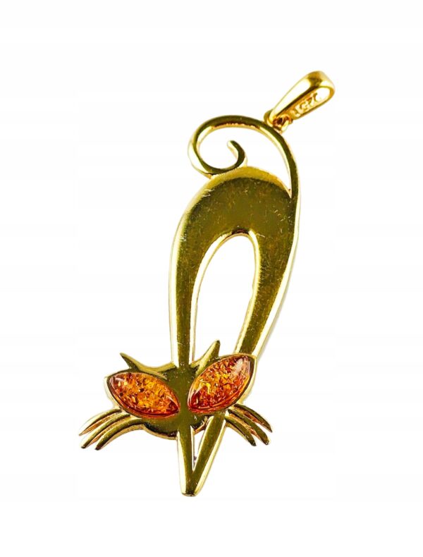 Wisiorek SREBRNY POZŁACANY KOT KOTEK delikatny z bursztynem bałtyckim AG925