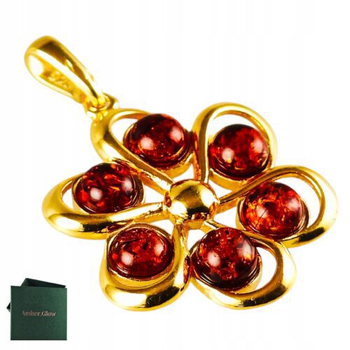 Pozłacany duży Wisiorek z Bursztynem Bałtyckim Srebro Pozłacane okrągły 925