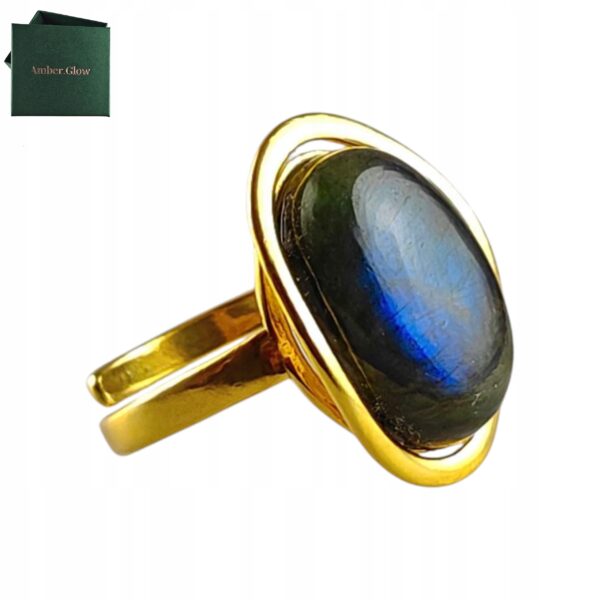 Pierścionek złoty regulowany z dużym labradorytem - Srebro pozłacane 925 - Piękny elegancki