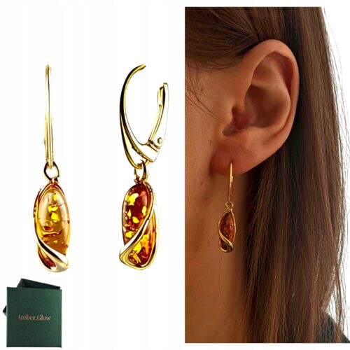 KOLCZYKI ZŁOTE z CERTYFIKOWANYM Bursztynem WISZĄCE PIĘKNE SREBRO POZŁACANE