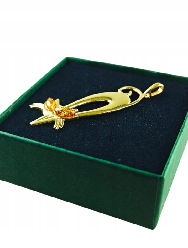 Wisiorek SREBRNY POZŁACANY KOT KOTEK delikatny z bursztynem bałtyckim AG925