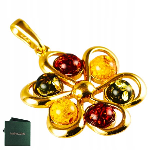 Pozłacany duży Wisiorek z Bursztynem Bałtyckim Srebro Pozłacane okrągły 925