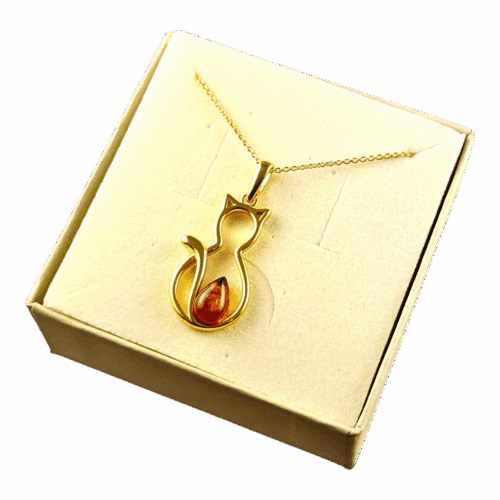 WISIOREK ZŁOTY KOT z CERTYFIKOWANYM BURSZTYNEM SREBRO POZŁACANE 925 KOTEK