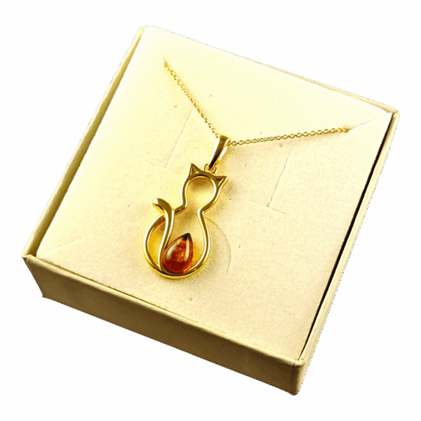 WISIOREK ZŁOTY KOT z CERTYFIKOWANYM BURSZTYNEM SREBRO POZŁACANE 925 KOTEK