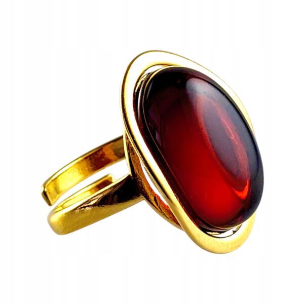 Pierścionek złoty regulowany z wiśniowym bursztynem - owalny klasyczny - srebro pozłacane