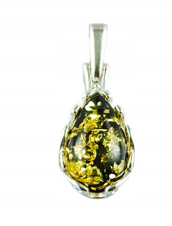 Wisiorek srebrny z zielonym bursztynem - koronkowy