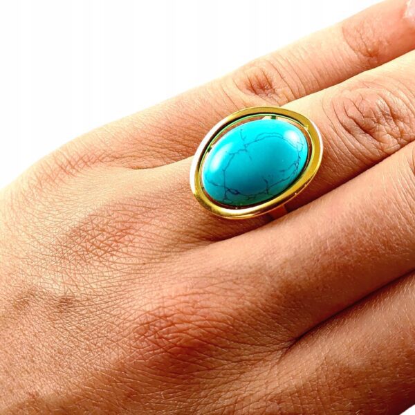 Pierścionek złoty z dużym turkusem - Srebro pozłacane 925 - Piękny elegancki