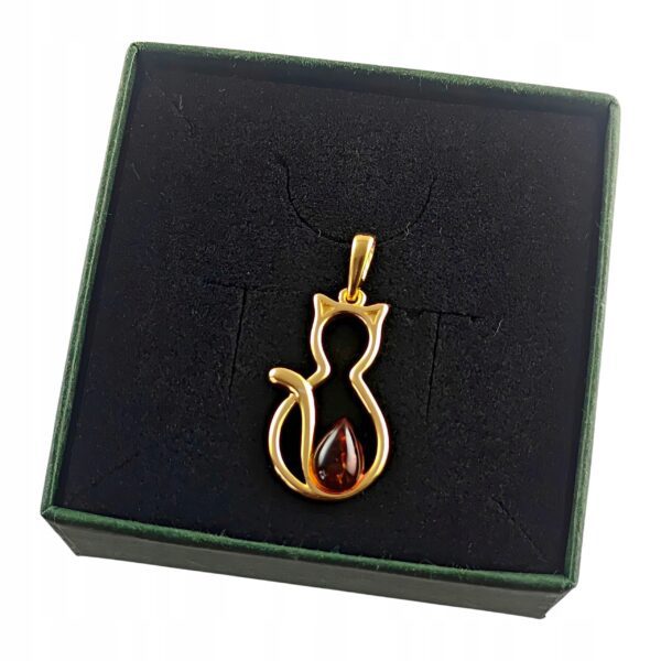 WISIOREK ZŁOTY KOT z CERTYFIKOWANYM BURSZTYNEM SREBRO POZŁACANE 925 KOTEK