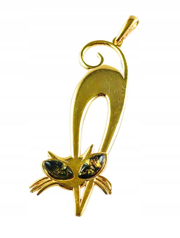 Wisiorek SREBRNY POZŁACANY KOT KOTEK delikatny z bursztynem bałtyckim AG925