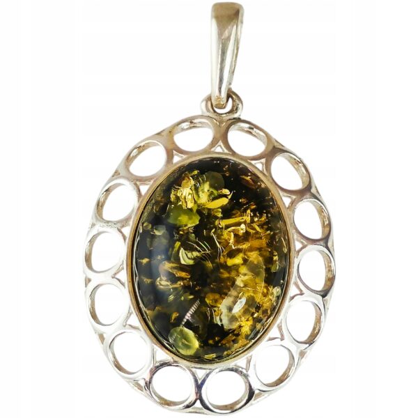 Wisiorek srebrny z dużym zielonym bursztynem