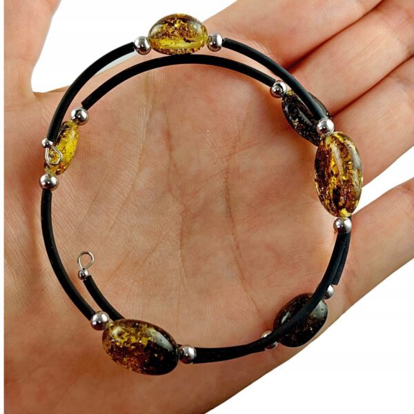 Bransoletka srebrna ze stali z certyfikowanym bursztynem - regulowana