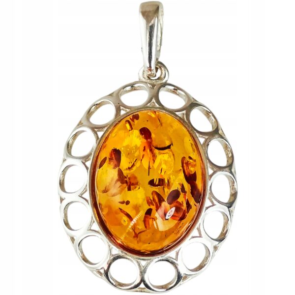 Wisiorek srebrny z dużym koniakowym bursztynem