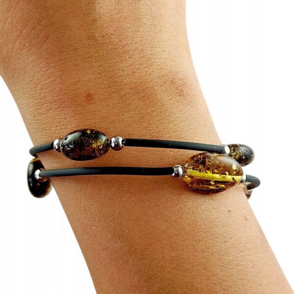 Bransoletka srebrna ze stali z certyfikowanym bursztynem - regulowana