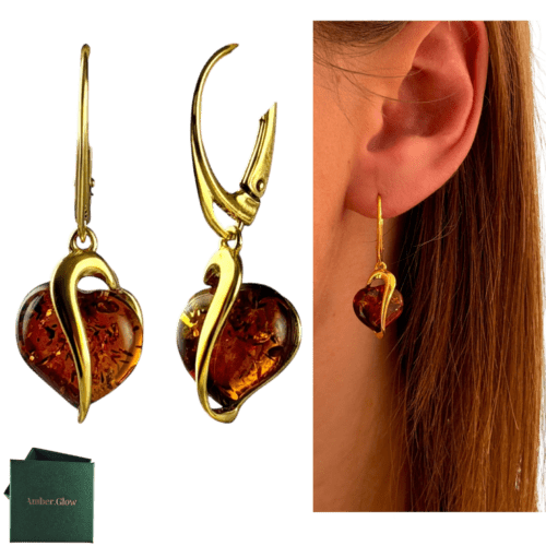 Kolczyki srebrne pozłacane serduszka z bursztynem - wiszące