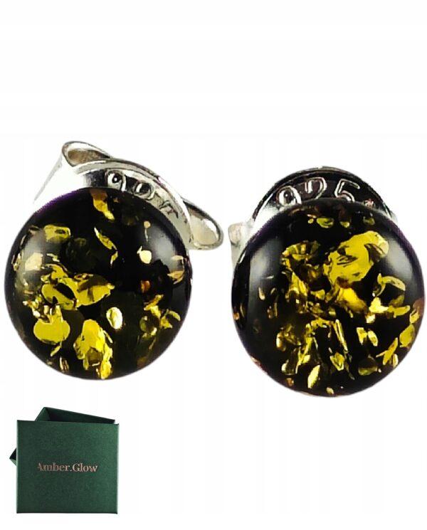 Kolczyki srebrne bursztynowe okrągłe - zielony bursztyn