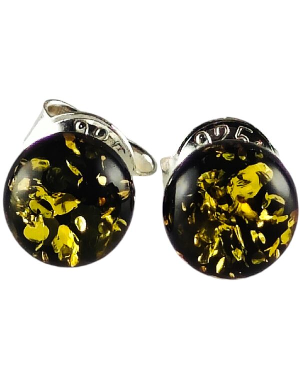 Kolczyki srebrne bursztynowe okrągłe - zielony bursztyn