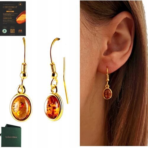 KOLCZYKI ZŁOTE z CERTYFIKOWANYM Bursztynem Bigiel Srebro POZŁACANE 925
