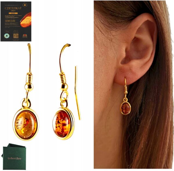 KOLCZYKI ZŁOTE z CERTYFIKOWANYM Bursztynem Bigiel Srebro POZŁACANE 925
