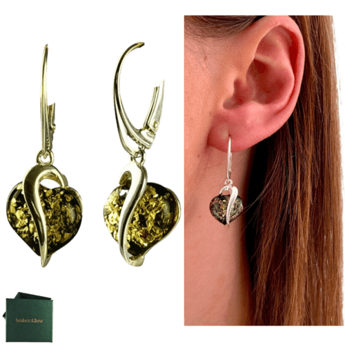 Kolczyki srebrne serduszka z bursztynem - wiszące