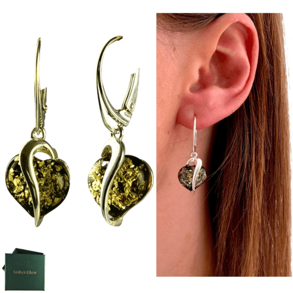 Kolczyki srebrne serduszka z bursztynem - wiszące