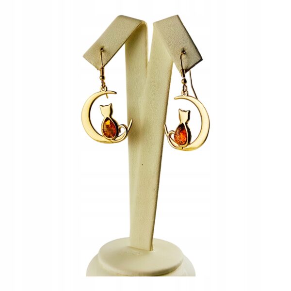 KOLCZYKI ZŁOTE KOT na KSIĘŻYCU z Bursztynem PIĘKNE Srebro Pozłacane Cert
