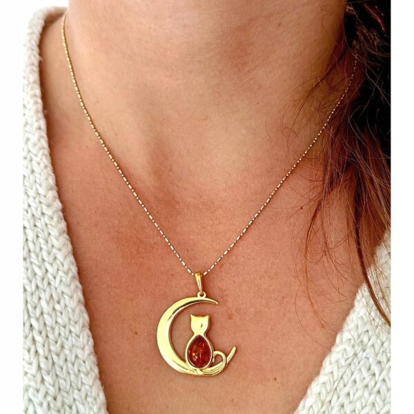 WISIOREK ZŁOTY z CERTYFIKOWANYM Bursztynem KOT Piękny Srebro Pozłacane 925