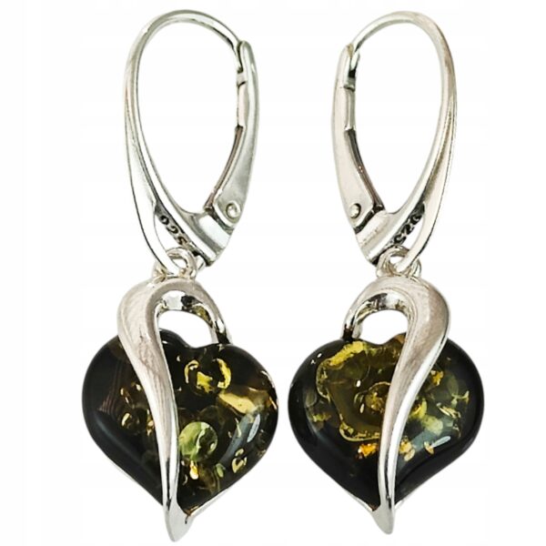 Kolczyki srebrne serduszka z bursztynem - wiszące